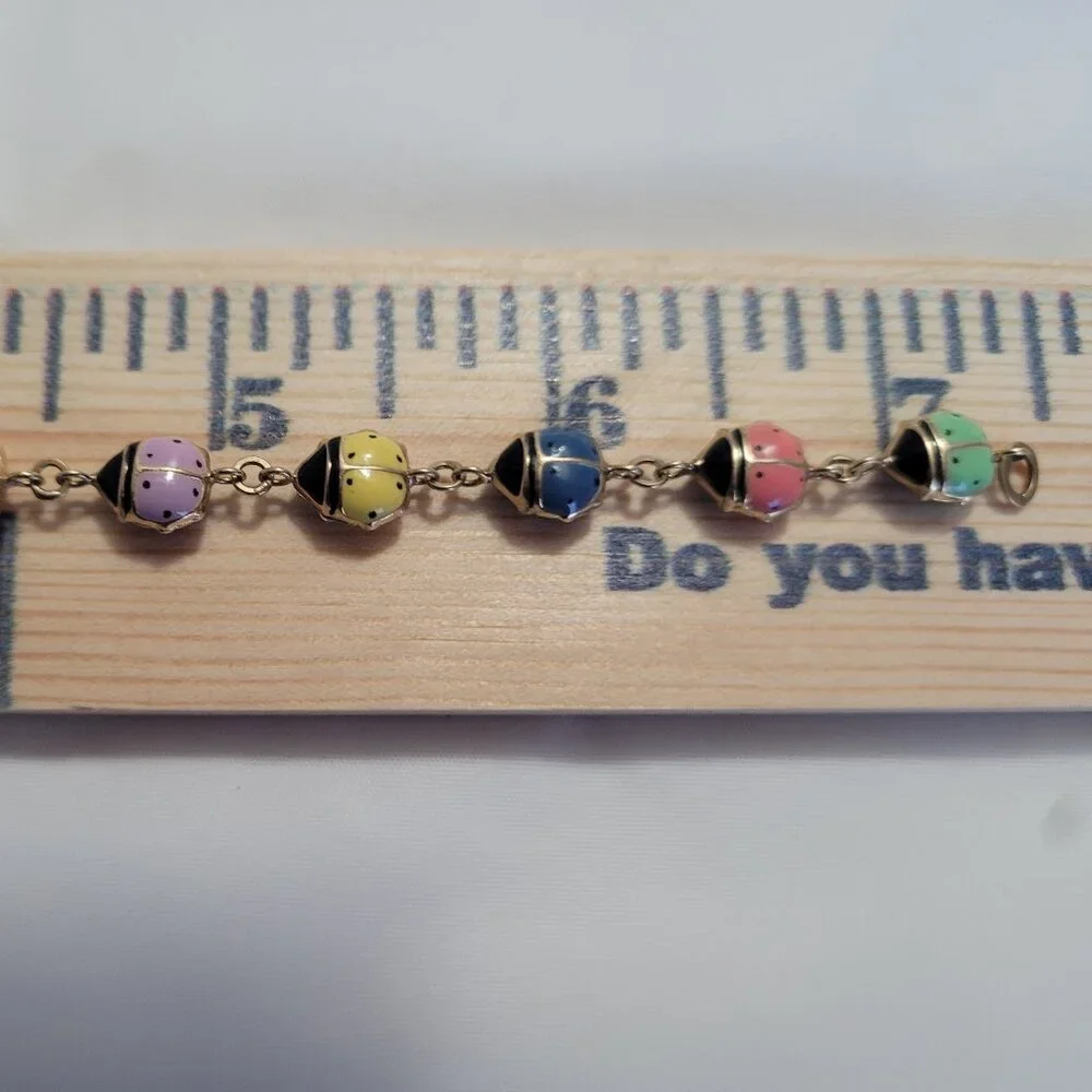 Lady Bug Multicolor Puffy Enamel Bracelet 10k Yellow Gold 3D - Picture 10 of 13